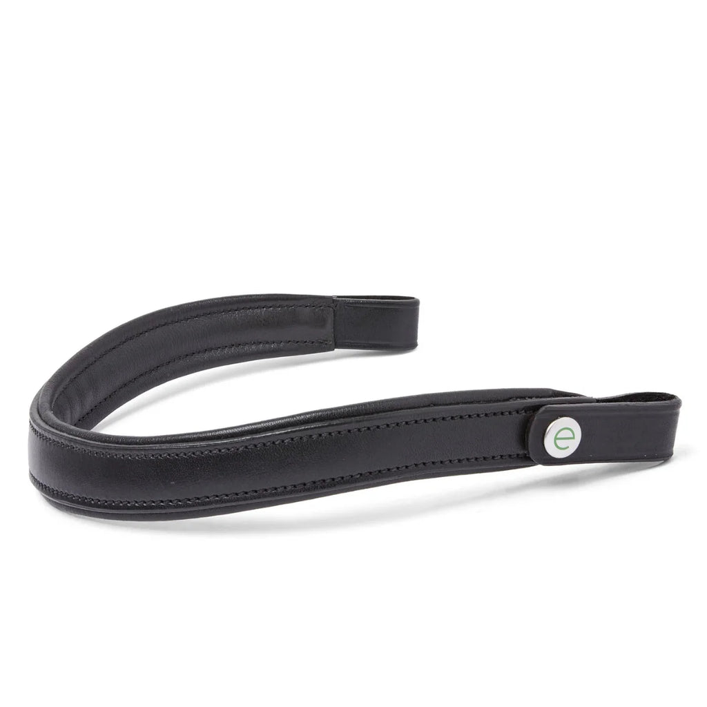 EcoRider Perfect Fit Freedom Comfort Browband in premium vegetable-tanned leather, featuring a curved, padded anatomical design with the signature green 'e-clasp' to relieve pressure around the horse's ears.