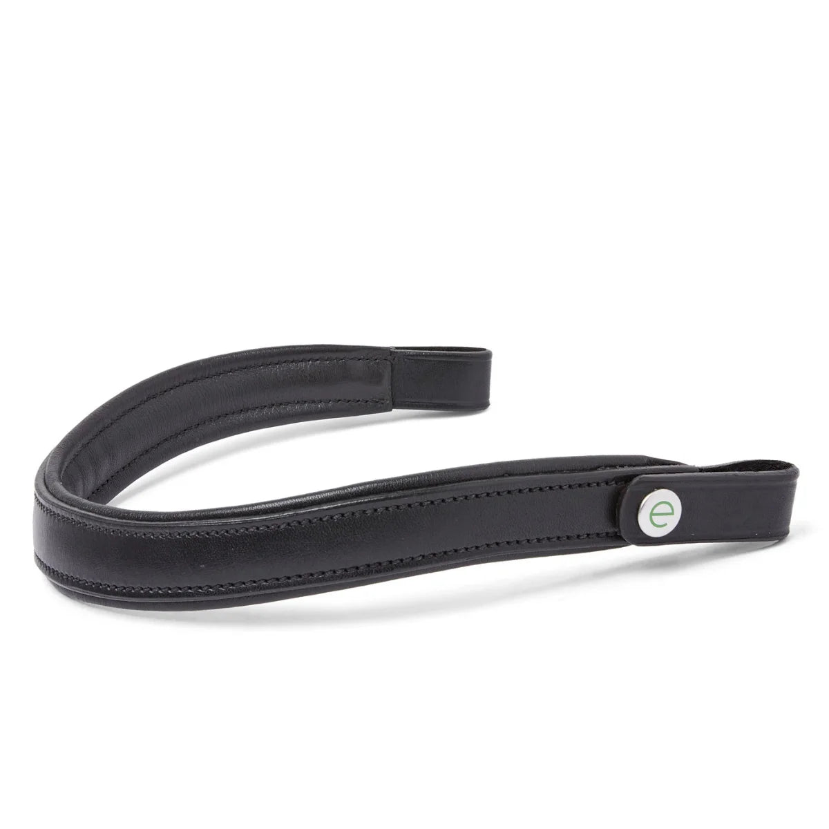 EcoRider Perfect Fit Freedom Comfort Browband in premium vegetable-tanned leather, featuring a curved, padded anatomical design with the signature green 'e-clasp' to relieve pressure around the horse's ears.