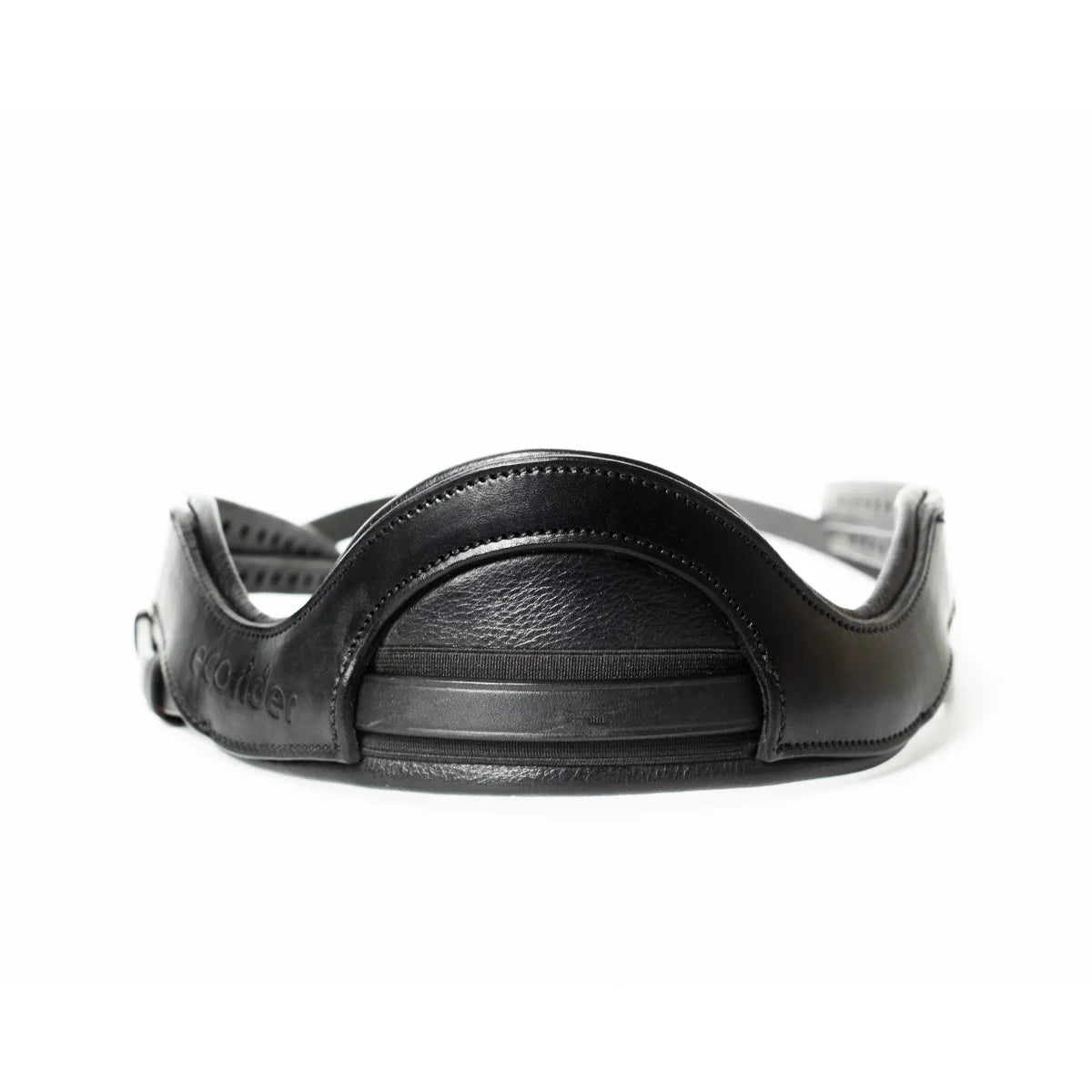Black EcoRider Perfect Fit Freedom Headpiece showing the front-facing anatomical poll pad and dynamic elasticated insert.