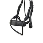 Detailed view of the black EcoRider anatomic flash noseband featuring matching-thread decorative stitching and adjustable cheek straps.