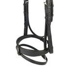 Detailed view of the black EcoRider anatomic flash noseband and adjustable cheek straps with silver buckles.
