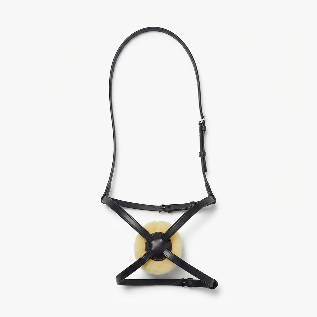 Black EcoRider Perfect Fit Grackle Noseband separate, displaying the figure-of-eight design, sheepskin pad, and slip-head strap.
