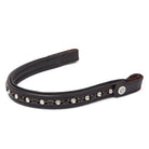 EcoRider brown leather curved browband with alternating clear and black crystals, isolated on a white background.