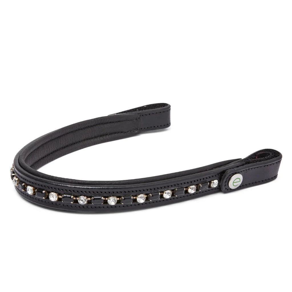 EcoRider black leather curved browband with alternating clear and black crystals, isolated on a white background.