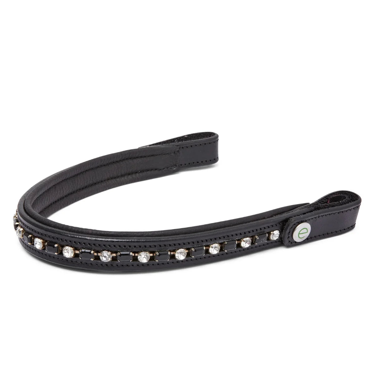 EcoRider black leather curved browband with alternating clear and black crystals, isolated on a white background.