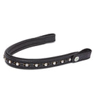 EcoRider black leather curved browband with alternating clear and black crystals, isolated on a white background.