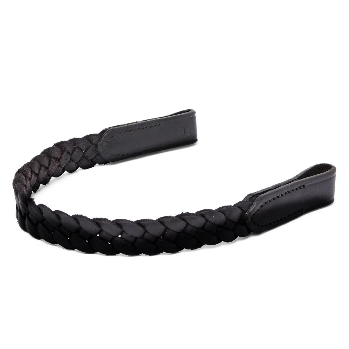 Close-up of the black EcoRider Freedom Sapphire Browband on a dark horse, featuring the closed e-clasp quick-release snap popper.