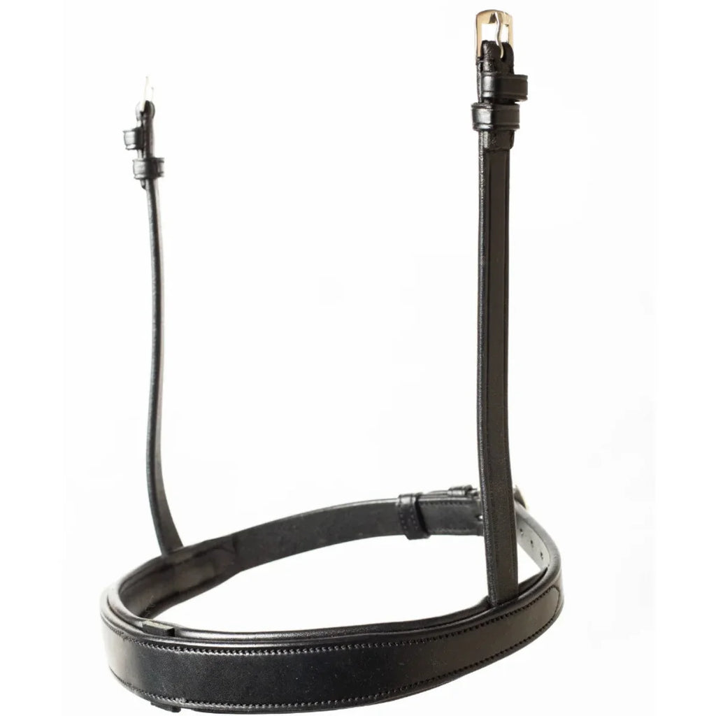 EcoRider Perfect Fit Show Comfort Noseband in premium black vegetable-tanned leather, featuring a sleek, padded cavesson design ideal for showing and hunter classes, isolated on a white background.