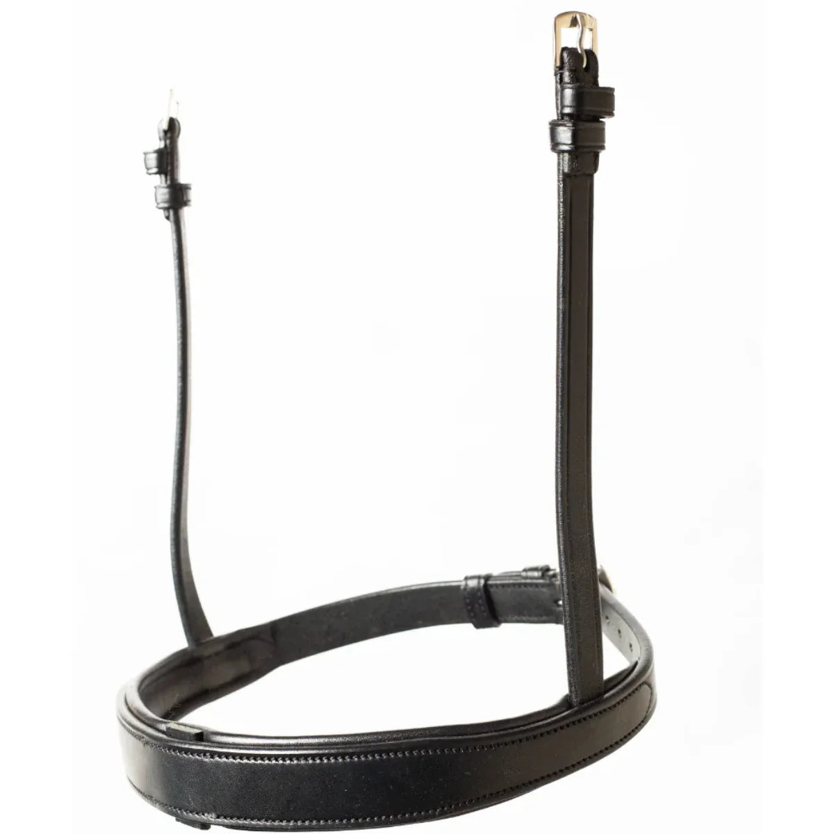 EcoRider Perfect Fit Show Comfort Noseband in premium black vegetable-tanned leather, featuring a sleek, padded cavesson design ideal for showing and hunter classes, isolated on a white background.