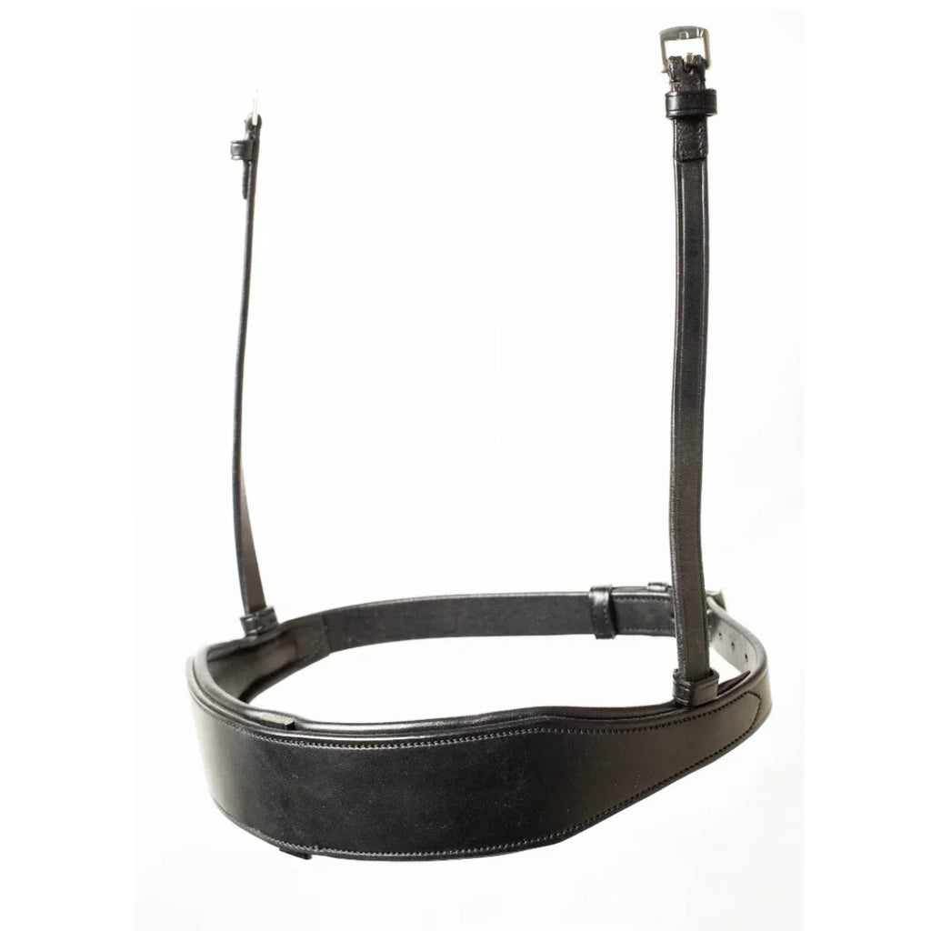 EcoRider Perfect Fit Comfort Noseband in premium black eco-friendly vegetable-tanned leather, featuring a traditional padded cavesson style with an integrated discreet flash channel for versatile training and showing, isolated on a white background.