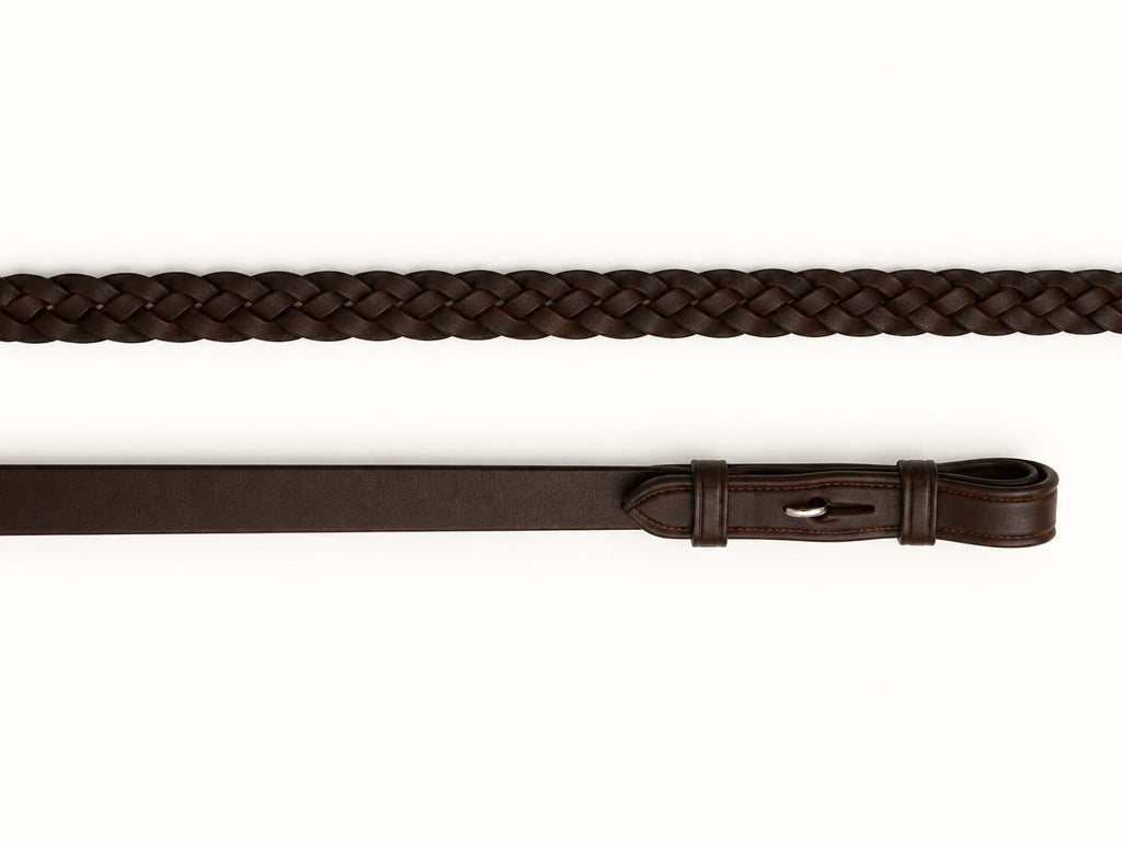 Layflat Brown EcoRider Plaited Leather Reins featuring a traditional hand-braided grip and secure hook stud ends.