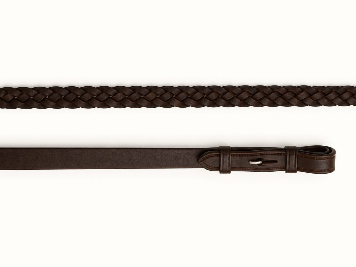 Layflat Brown EcoRider Plaited Leather Reins featuring a traditional hand-braided grip and secure hook stud ends.