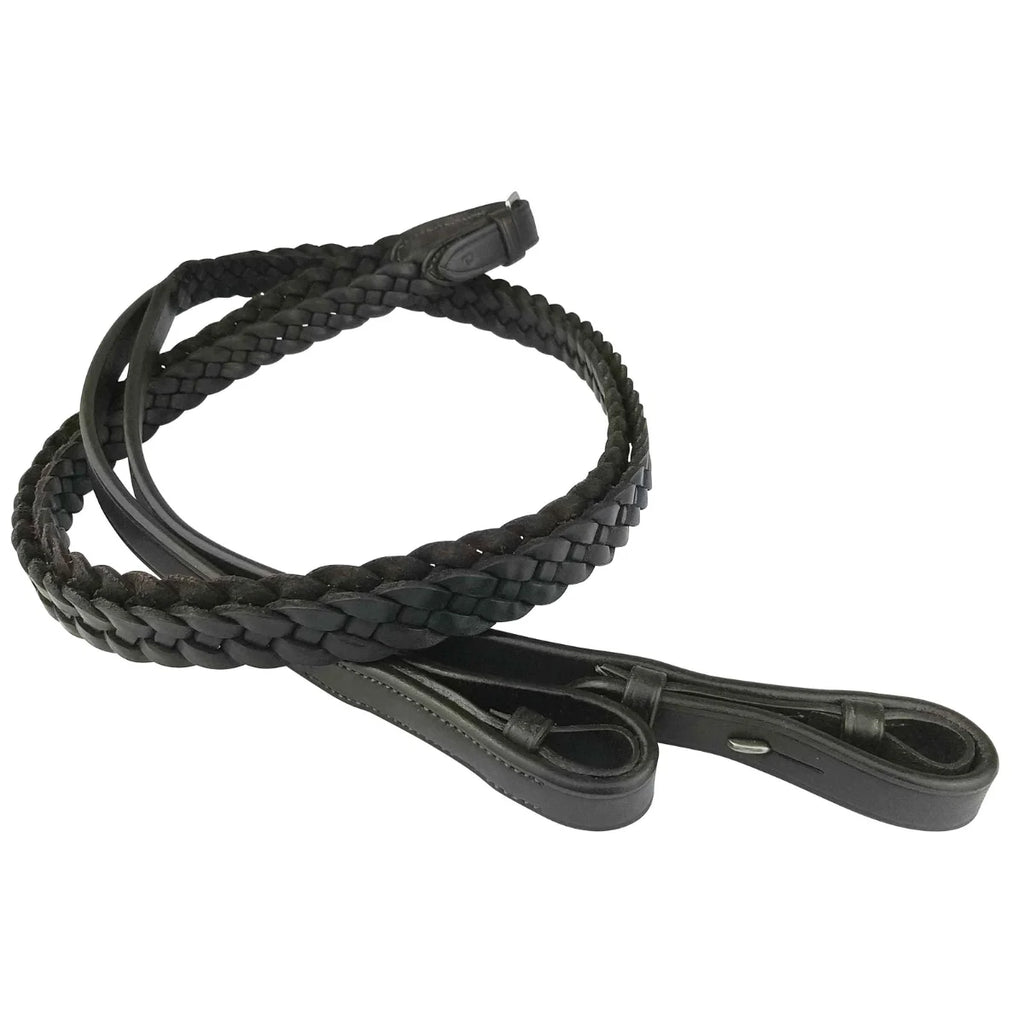 Coiled Black EcoRider Plaited Leather Reins featuring a traditional hand-braided grip and secure hook stud ends.