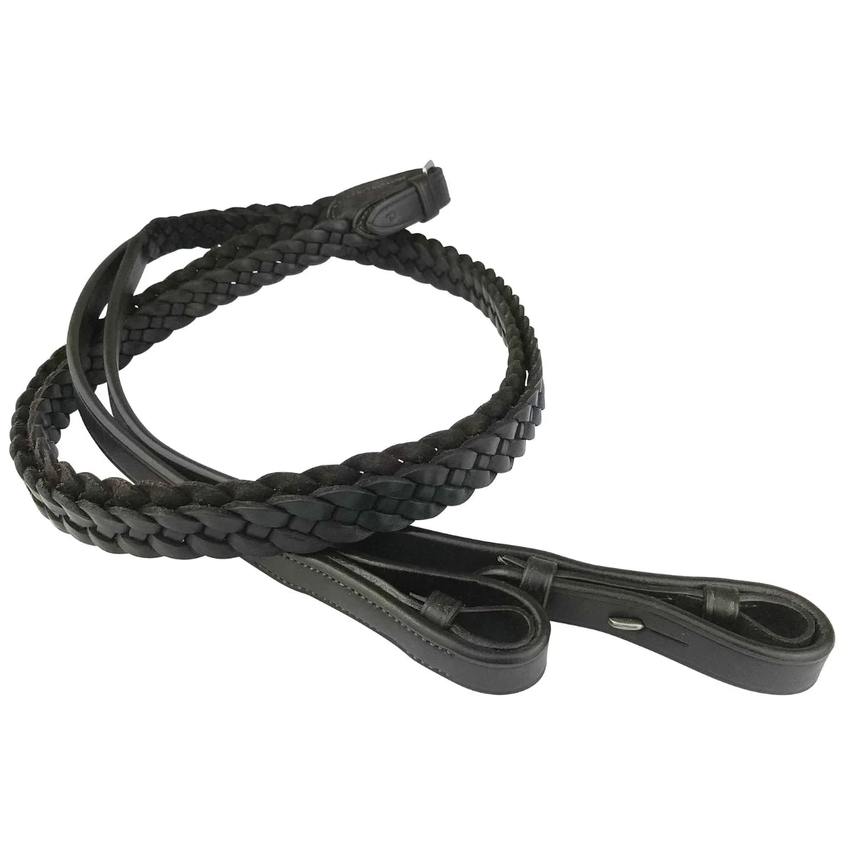 Coiled Black EcoRider Plaited Leather Reins featuring a traditional hand-braided grip and secure hook stud ends.