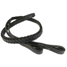 Coiled Black EcoRider Plaited Leather Reins featuring a traditional hand-braided grip and secure hook stud ends.