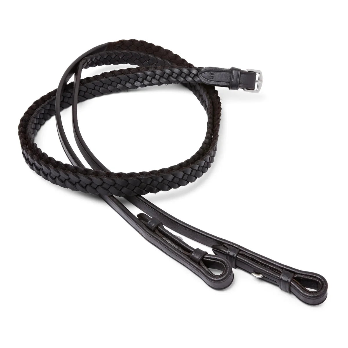 Coiled Brown EcoRider Plaited Leather Reins featuring a traditional hand-braided grip and secure hook stud ends.