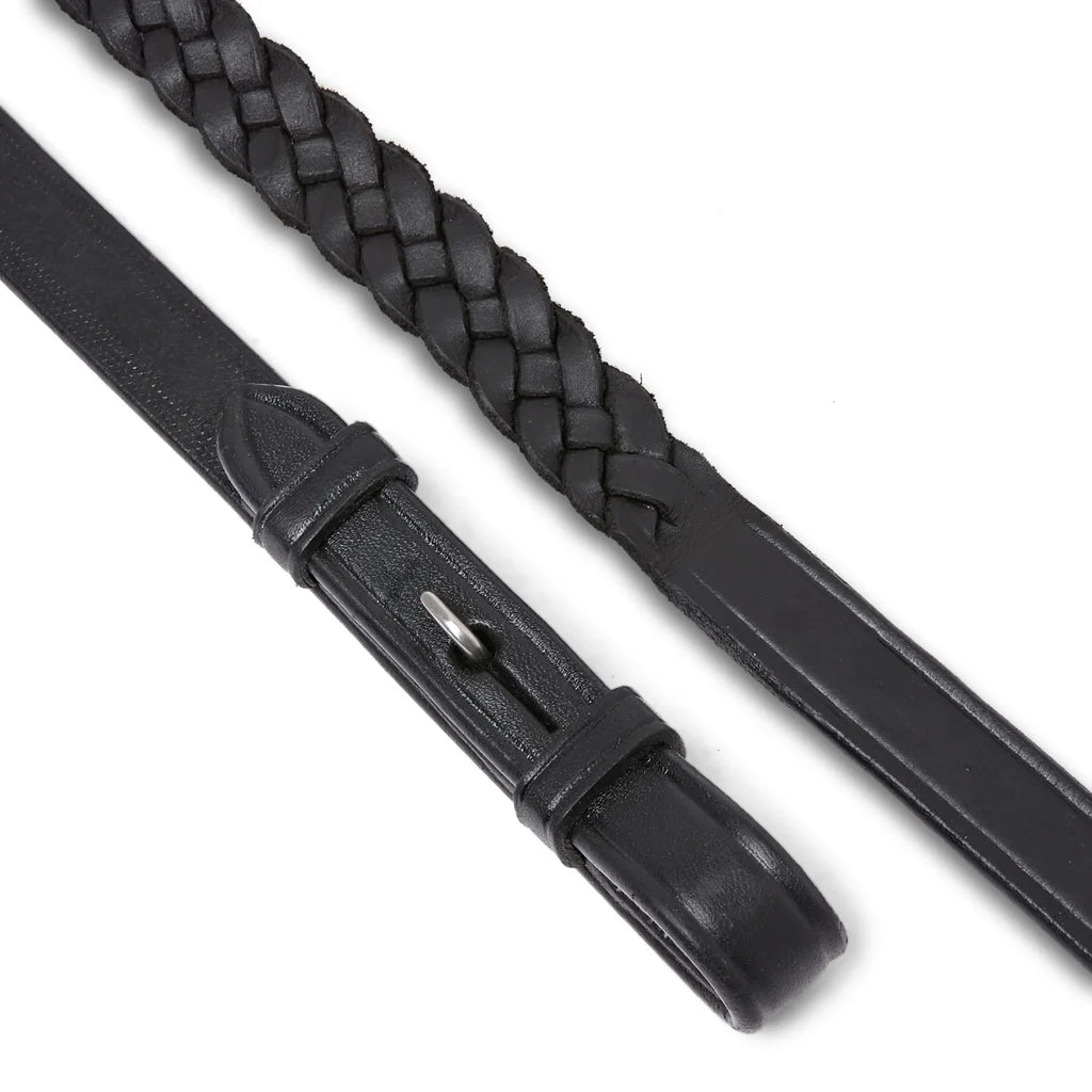 Black EcoRider Plaited Leather Reins featuring a traditional hand-braided grip and supple black leather billet ends.