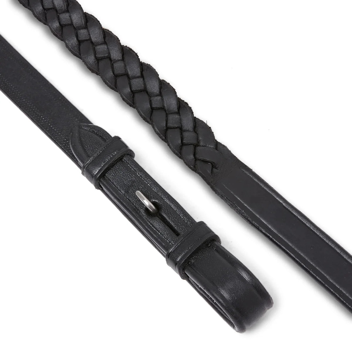 Black EcoRider Plaited Leather Reins featuring a traditional hand-braided grip and supple black leather billet ends.