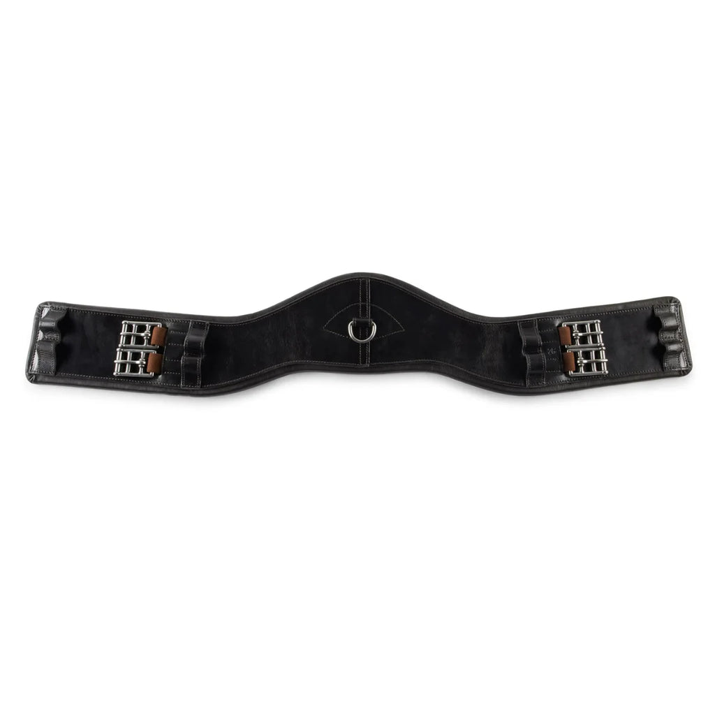 Black EcoRider SeamFree Anatomic Dressage Leather Girth featuring a wide contoured sternum plate, central D-ring, and roller buckles.