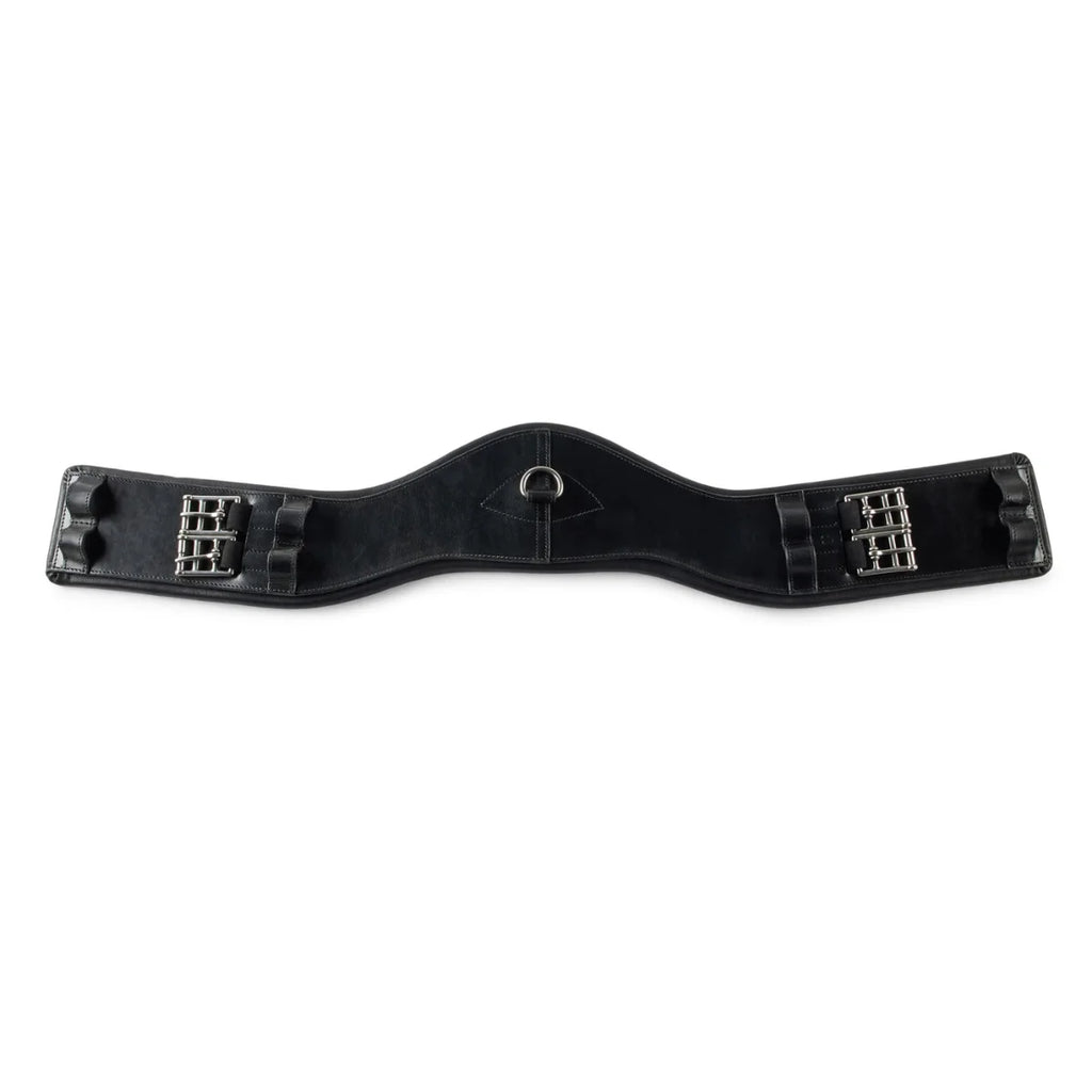 Black EcoRider SeamFree Anatomic Dressage Leather Girth featuring a wide contoured sternum plate, central D-ring, and roller buckles.