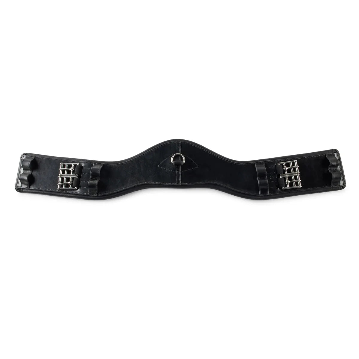Black EcoRider SeamFree Anatomic Dressage Leather Girth featuring a wide contoured sternum plate, central D-ring, and roller buckles.