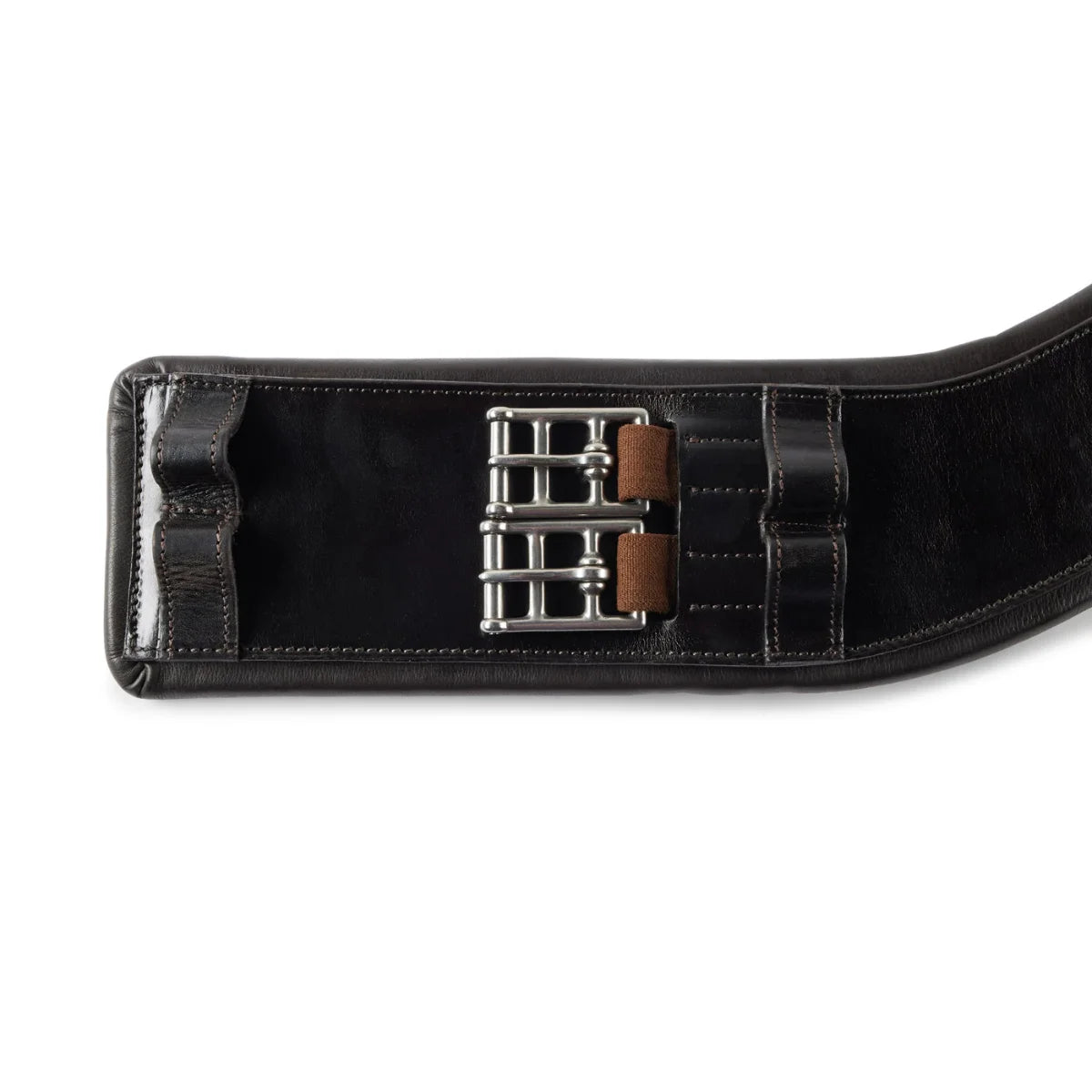 Close-up of the double elasticated roller buckles and billet keepers on the Black EcoRider SeamFree Anatomic Dressage Girth.