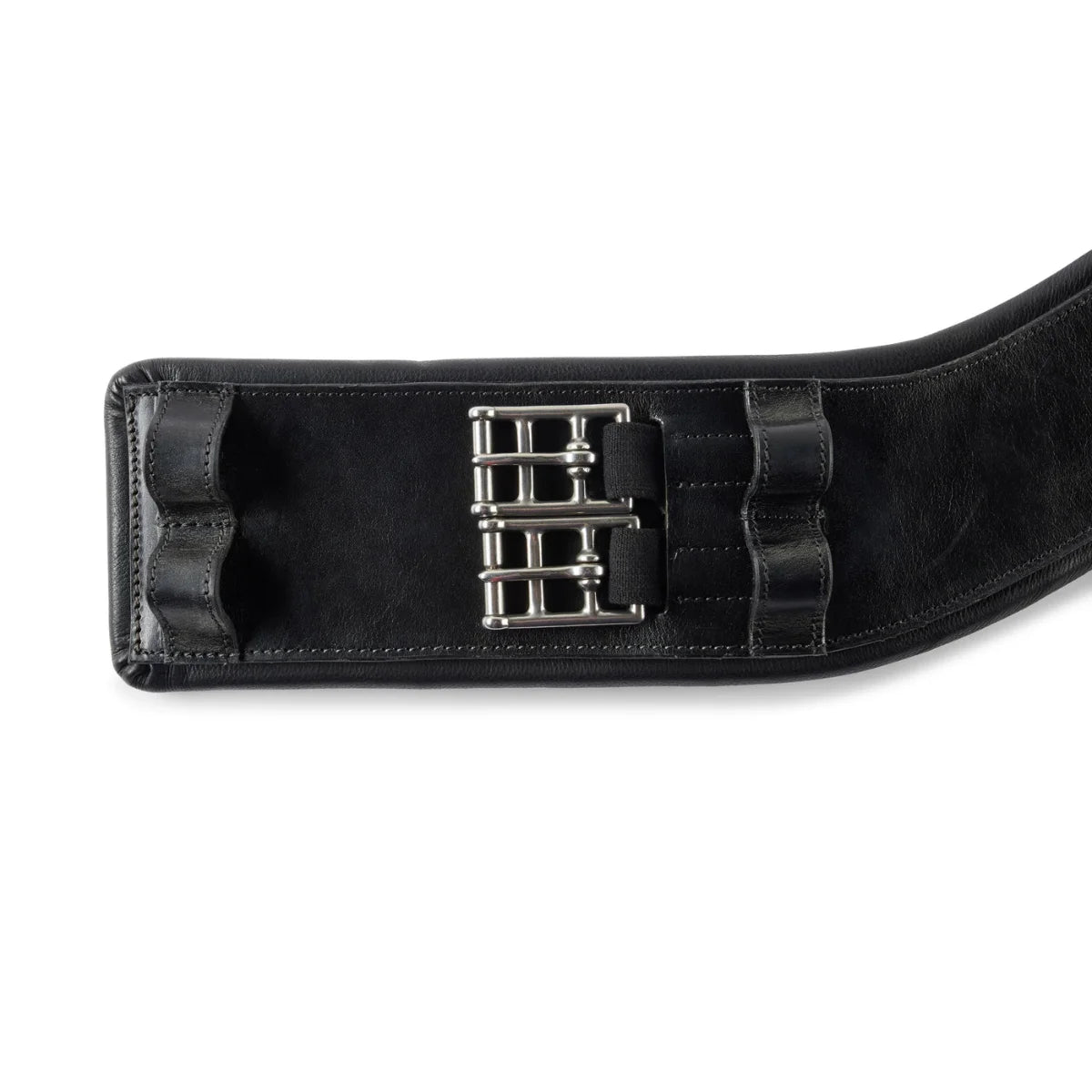 Close-up of the black elasticated roller buckles and billet keepers on the Black EcoRider SeamFree Anatomic Dressage Girth.