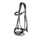 Black EcoRider anatomic leather bridle featuring an ergonomic padded headpiece, curved browband, and padded noseband with flash attachment.