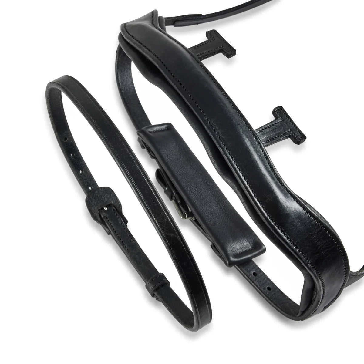 Black EcoRider anatomical leather noseband with padded chin guard connected to the Perfect Fit Universal Strap.