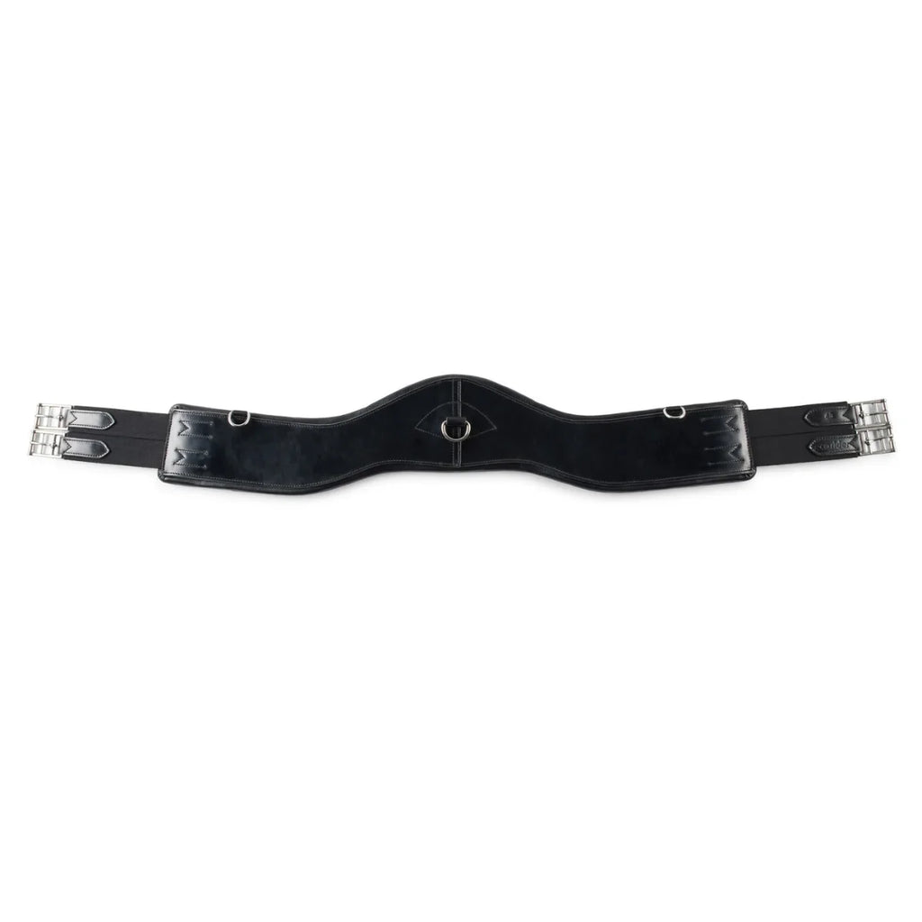 EcoRider black Ultra Comfort anatomic leather girth with central D-ring, contoured elbow clearance, and stainless steel roller buckles.