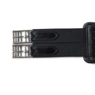 Close-up of the dual stainless steel roller buckles on black elasticated ends of the EcoRider Ultra Comfort anatomic leather girth.
