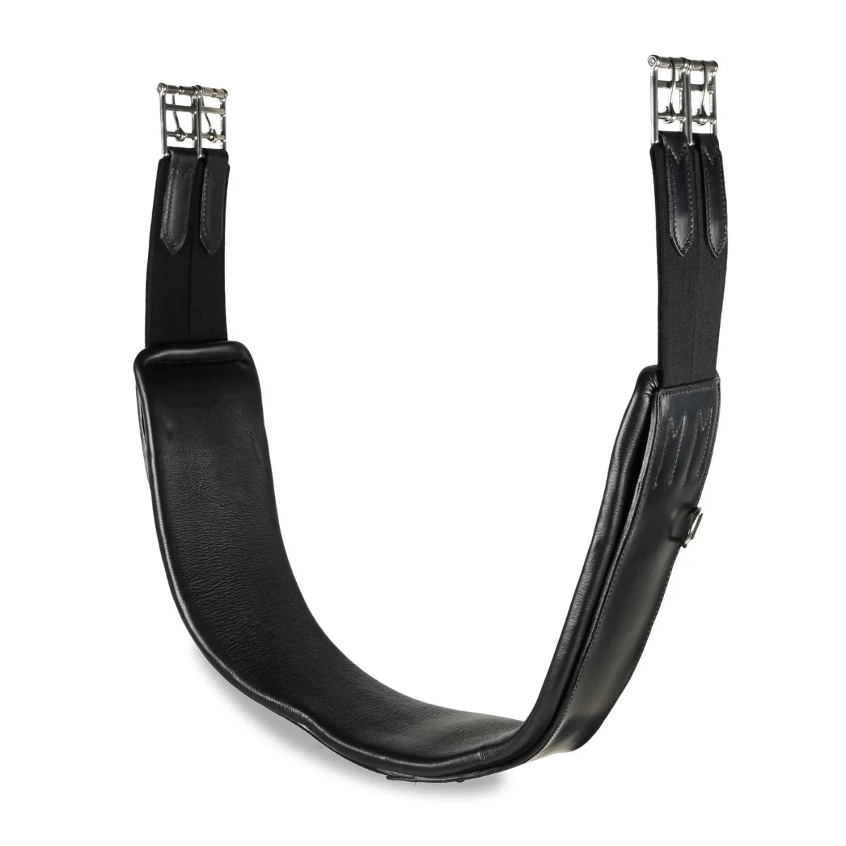 U-shape view of the EcoRider black Ultra Comfort anatomic leather girth with black elasticated ends and stainless steel roller buckles.