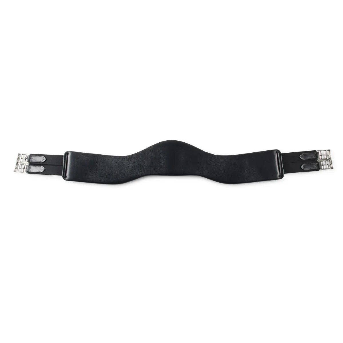 EcoRider black SeamFree anatomic dressage leather girth with contoured elbow clearance and stainless steel buckles on a white background.