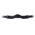 EcoRider black SeamFree anatomic dressage leather girth with contoured elbow clearance and stainless steel buckles on a white background.