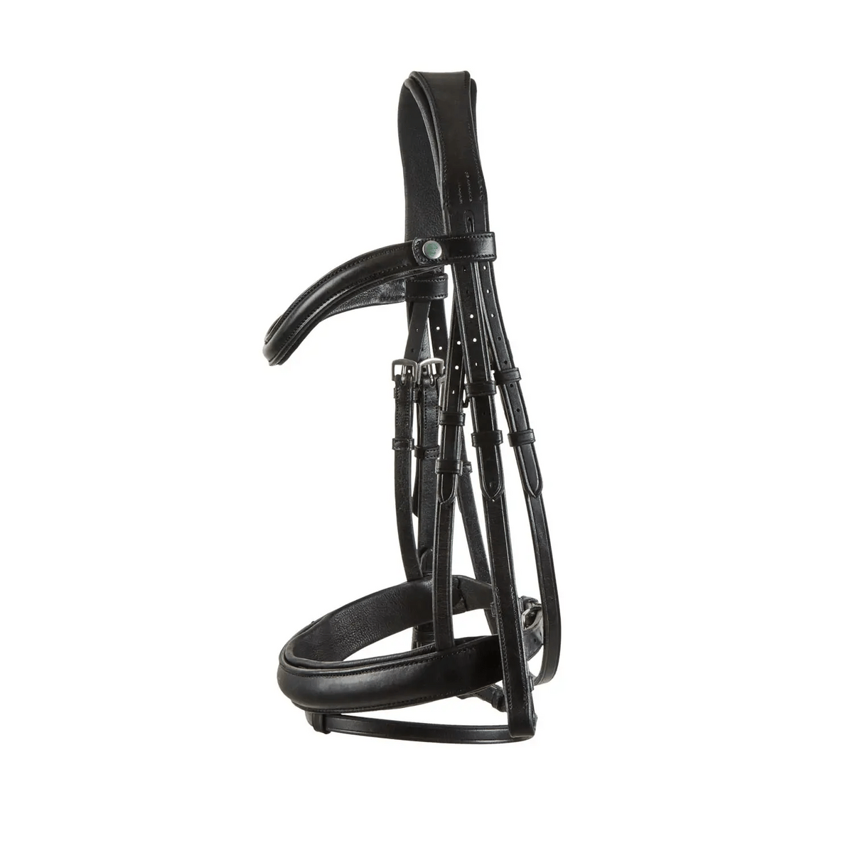 Black EcoRider Freedom Comfort plain padded cavesson leather bridle with an anatomic headpiece and curved padded browband.