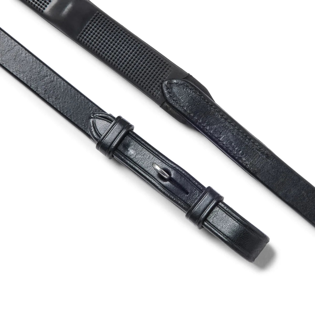 Black EcoRider Flexi Rein featuring a low-profile rubber pimple grip and supple black leather billet ends.