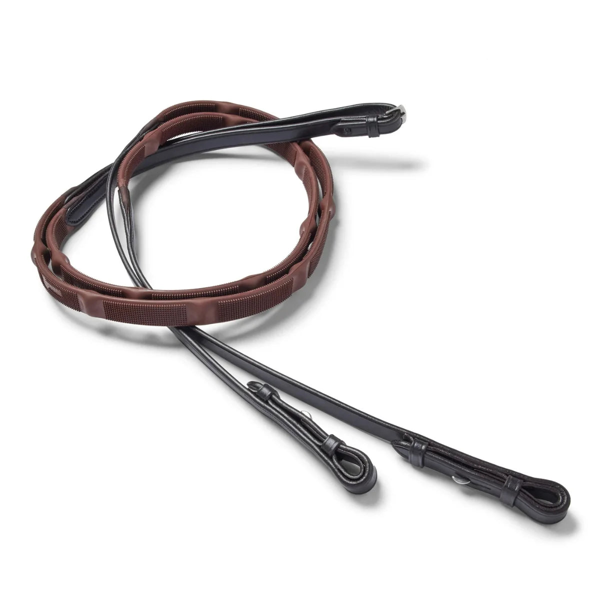 EcoRider Ergo Reins coiled, featuring a brown textured grip with integrated raised stoppers and black leather hook stud billets.