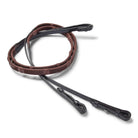 EcoRider Ergo Reins coiled, featuring a brown textured grip with integrated raised stoppers and black leather hook stud billets.