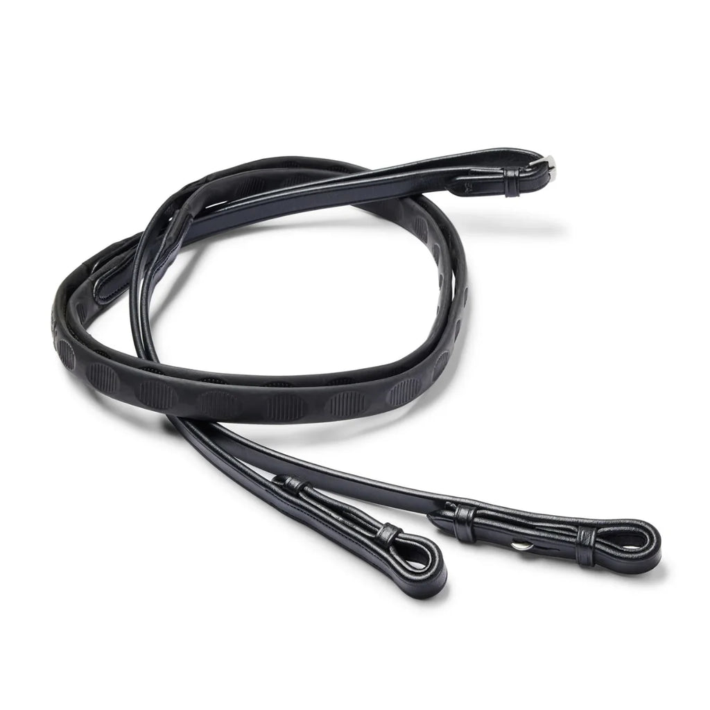 Black EcoRider Magna Reins coiled, featuring a unique textured thumb-shape rubber grip and hook stud leather billets.