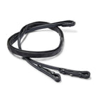 Black EcoRider Magna Reins coiled, featuring a unique textured thumb-shape rubber grip and hook stud leather billets.