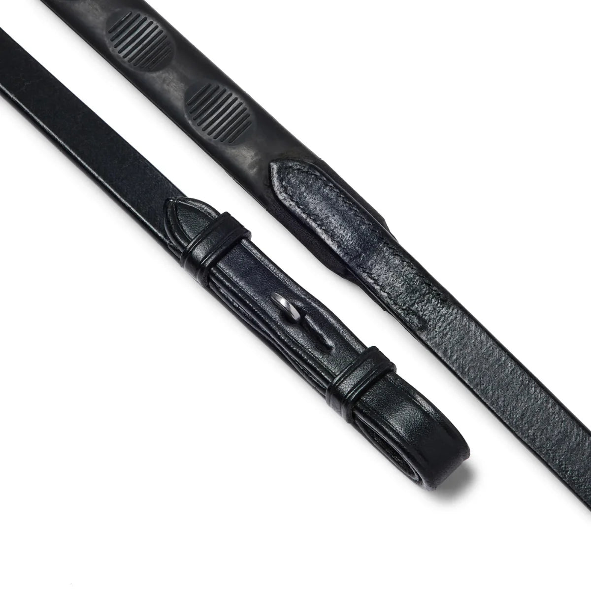 Black EcoRider Magna Reins featuring a textured thumb-shape rubber grip and supple black leather billet ends.
