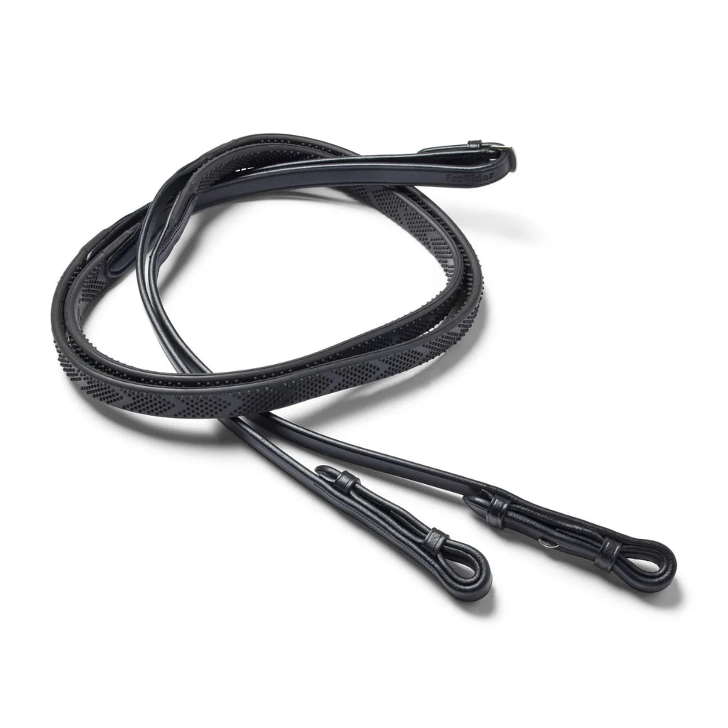 Black EcoRider Pro Solid Reins coiled, featuring a high-traction chevron rubber pimple grip and hook stud leather billets.