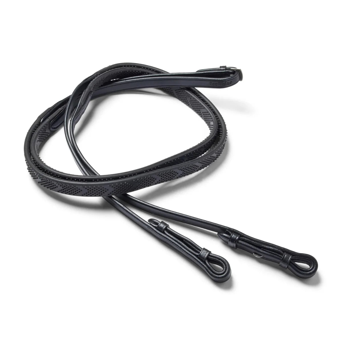 Black EcoRider Pro Solid Reins coiled, featuring a high-traction chevron rubber pimple grip and hook stud leather billets.