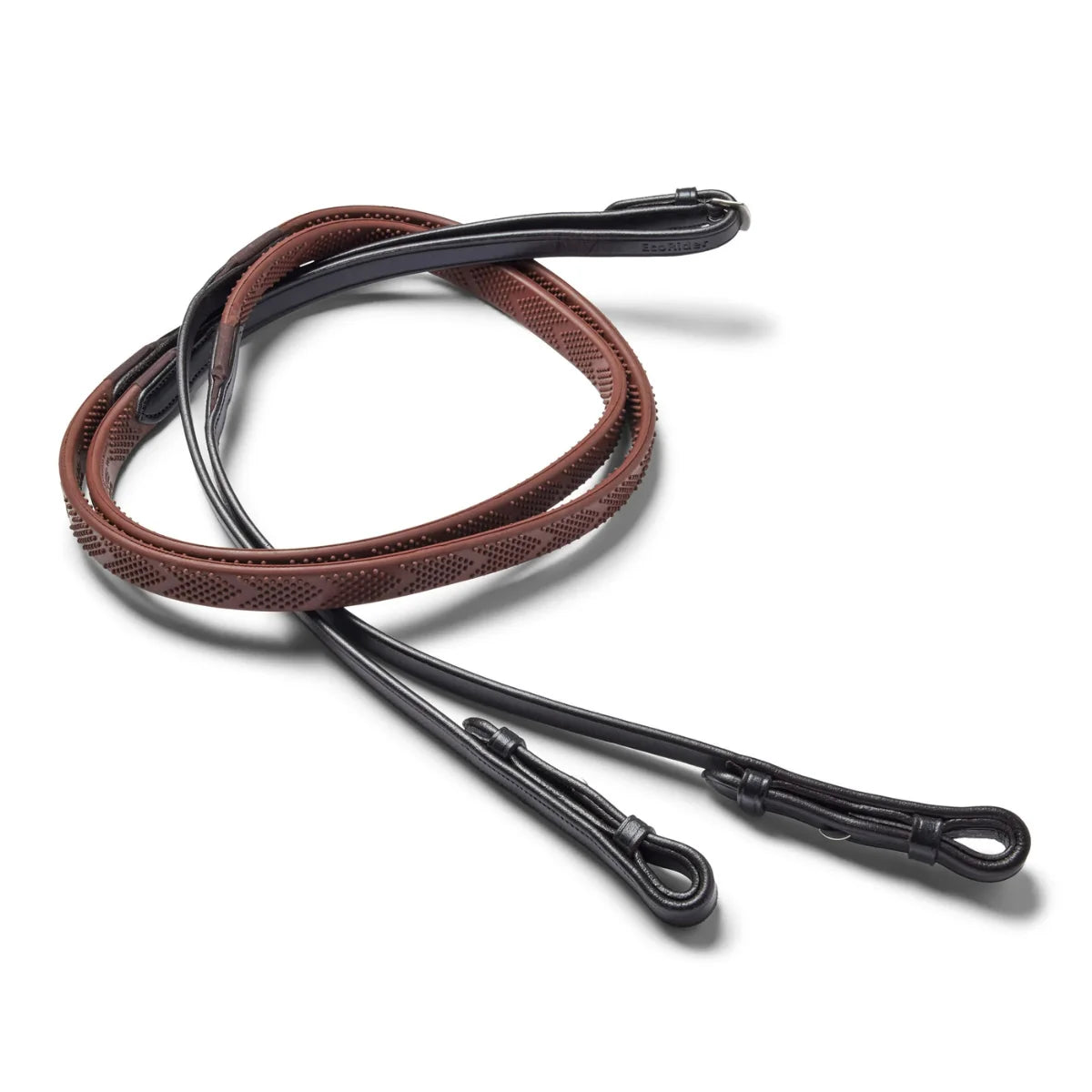 EcoRider Pro Solid Reins coiled, featuring a high-traction brown chevron rubber grip and black leather hook stud billets.