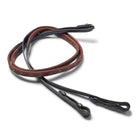 EcoRider Pro Solid Reins coiled, featuring a high-traction brown chevron rubber grip and black leather hook stud billets.