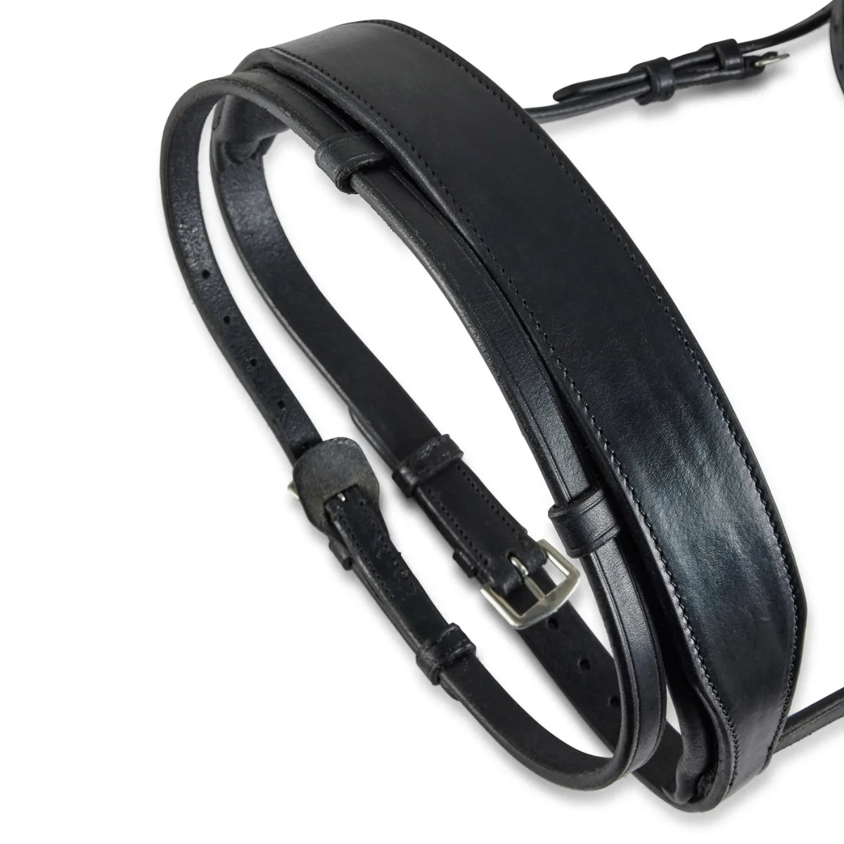 Black EcoRider Perfect Fit Show Comfort Cavesson Noseband separate, featuring thick protective padding and adjustable straps.