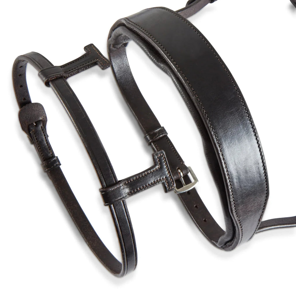 Brown EcoRider Perfect Fit Universal Strap featuring adjustable leather bands and T-shaped attachment loops for bridle customization.