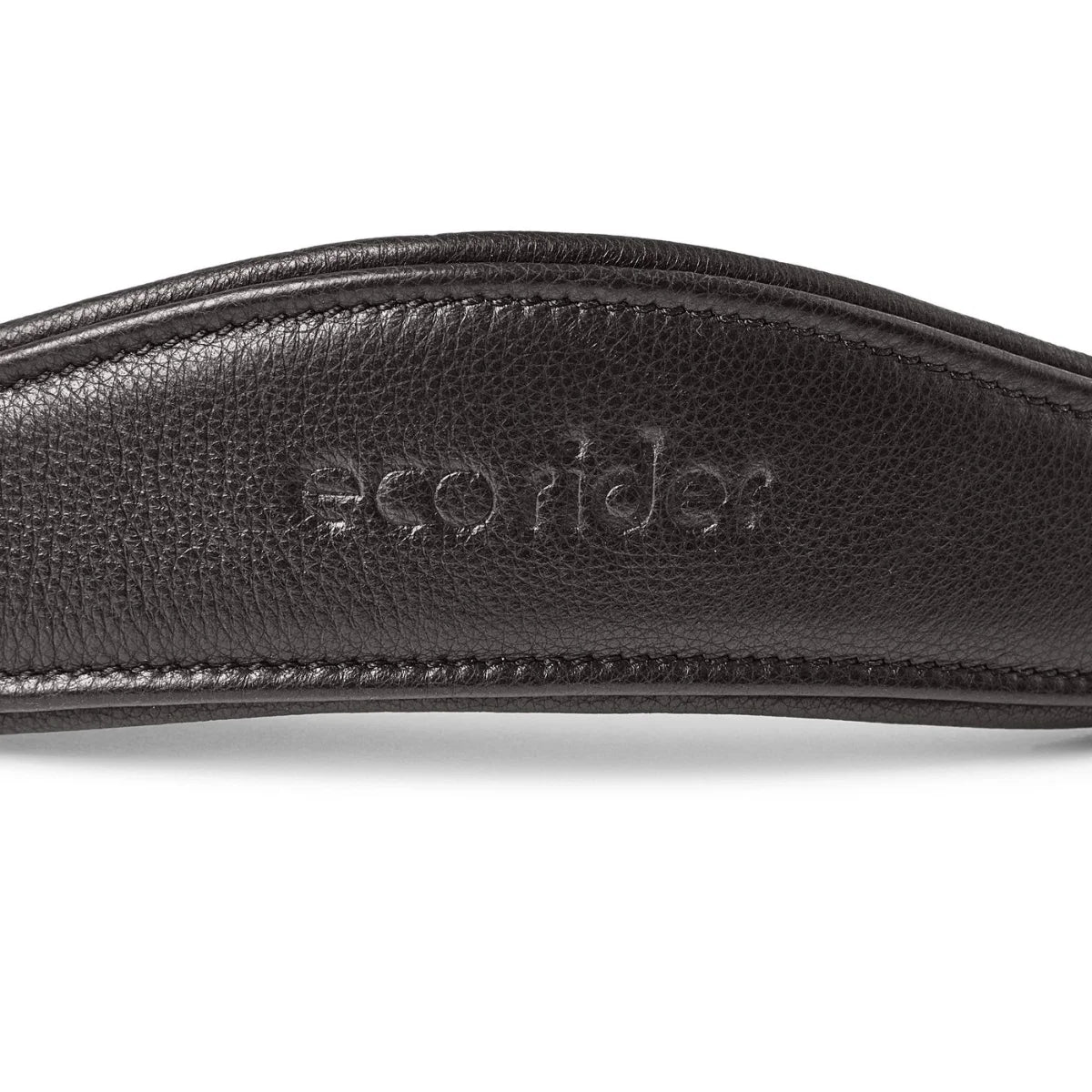 Close-up of the debossed EcoRider brand name on a black padded leather anatomical headpiece, showing detailed stitching.