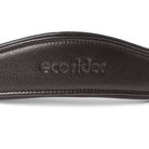 Close-up of the debossed EcoRider brand name on a black padded leather anatomical headpiece, showing detailed stitching.