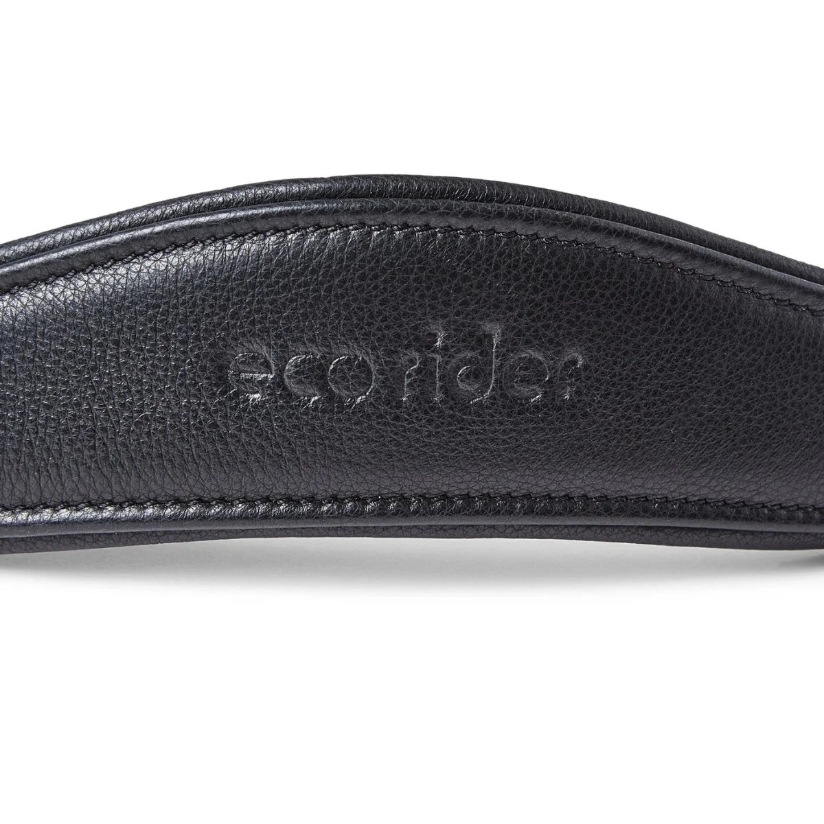 Close-up of the debossed EcoRider brand name on a black padded leather anatomical headpiece, showing detailed stitching.